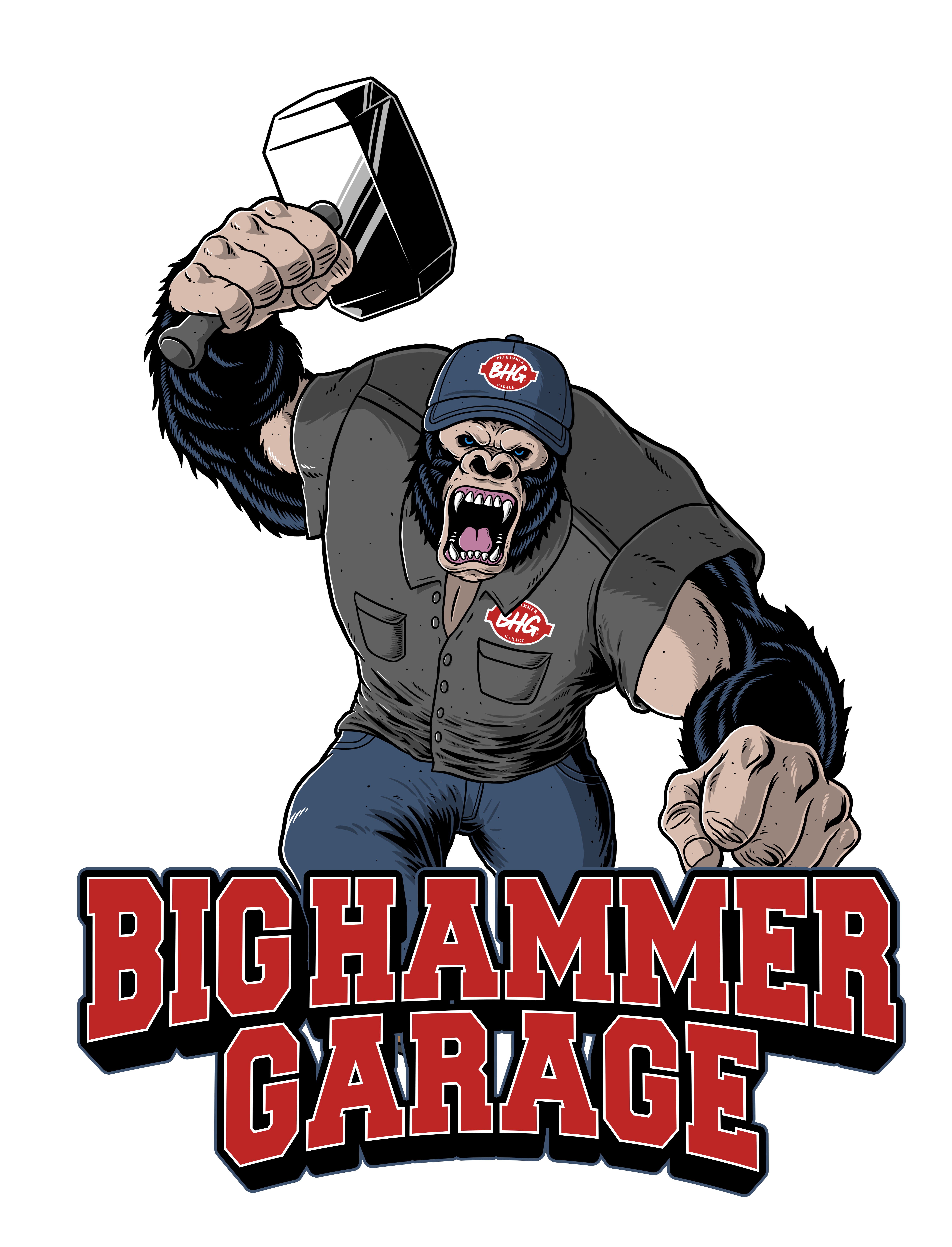 The BigHammerGarage mascot — a gorilla in a BHG cap swinging a sledgehammer